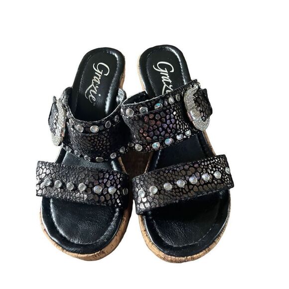 Grazie 3” Cork Wedge -Black with RHINESTONES (Sz 6) - Picture 2 of 7